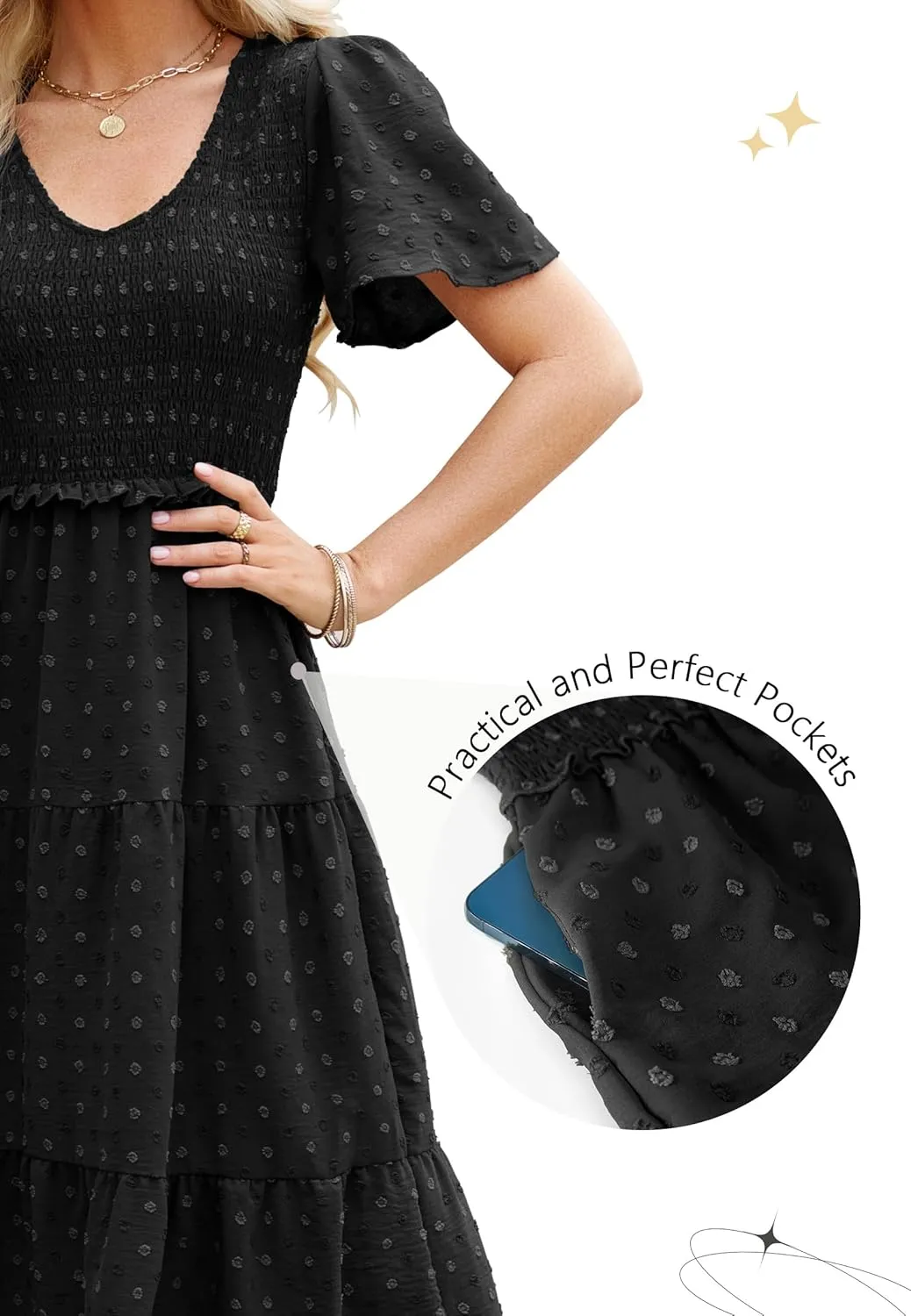 Women Summer 2024 Smocked Midi Dress, Ruffle Short Sleeve V-Neck Flowy A-Line Tiered Swiss Dot Dresses with Pocket