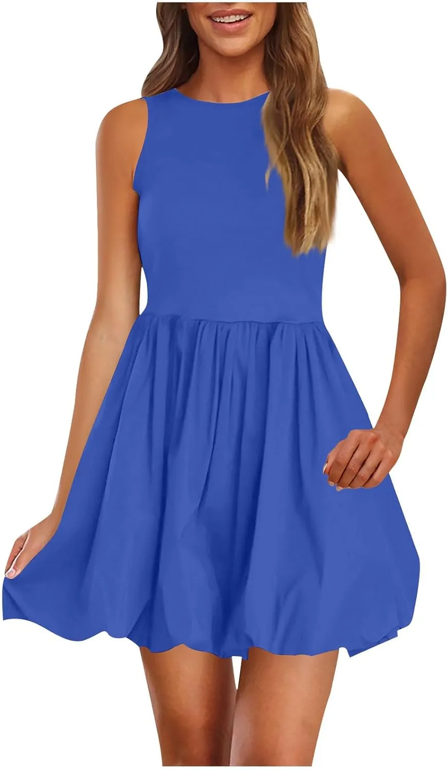 Women Summer Casual Sleeveless Crewneck Sundress Aline Flowy Tiered Maxi Beach Dresses Solid Tanks Vacation Outfits