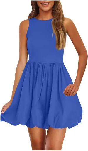 Women Summer Casual Sleeveless Crewneck Sundress Aline Flowy Tiered Maxi Beach Dresses Solid Tanks Vacation Outfits