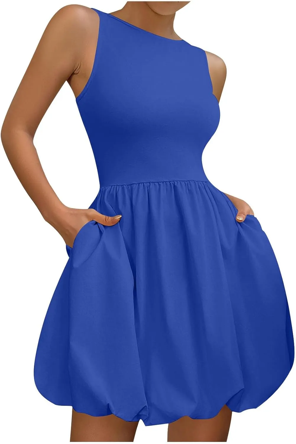 Women Summer Casual Sleeveless Crewneck Sundress Aline Flowy Tiered Maxi Beach Dresses Solid Tanks Vacation Outfits
