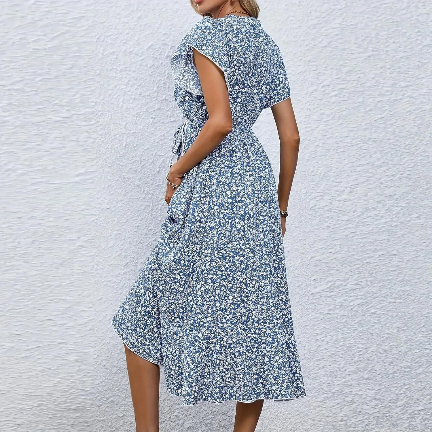 Women Summer Dresses Bohemian Floral Casual Wrap V Neck Ruffle Cap Sleeveless Belt A-Line Pleated Hem Midi Sun Dress