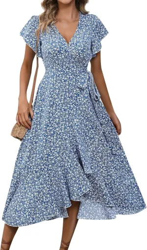 Women Summer Dresses Bohemian Floral Casual Wrap V Neck Ruffle Cap Sleeveless Belt A-Line Pleated Hem Midi Sun Dress