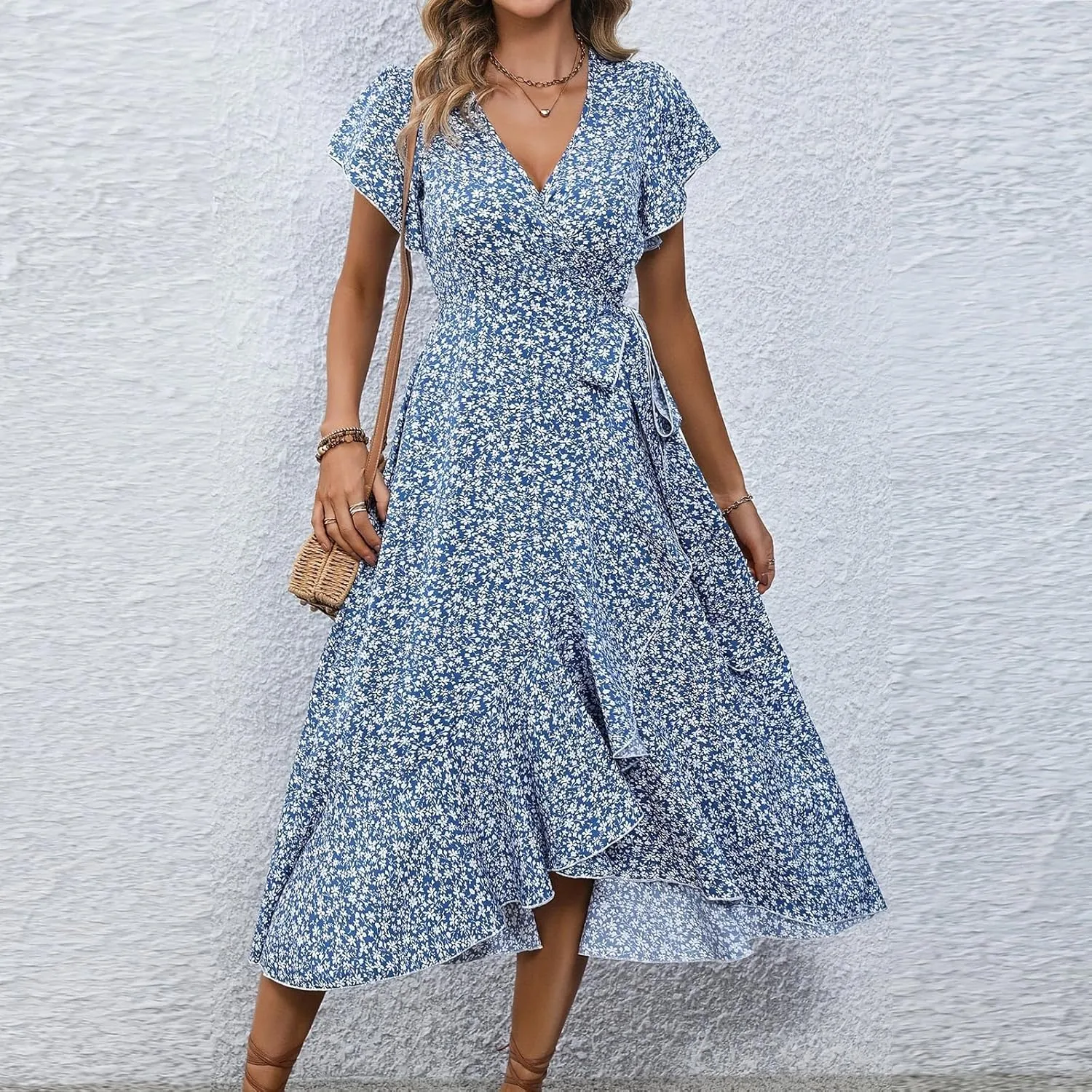 Women Summer Dresses Bohemian Floral Casual Wrap V Neck Ruffle Cap Sleeveless Belt A-Line Pleated Hem Midi Sun Dress