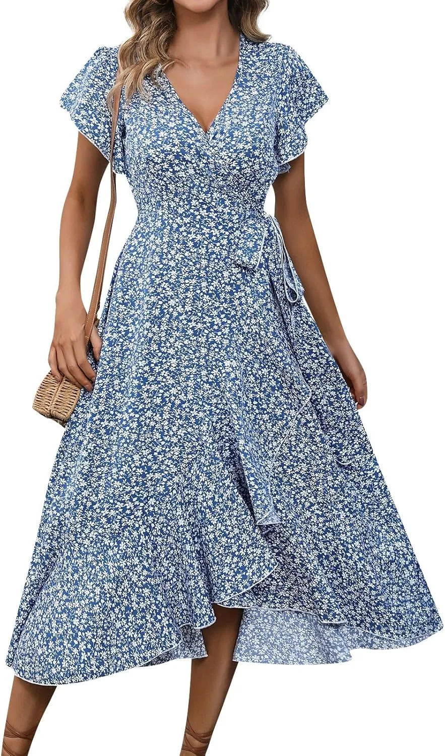 Women Summer Dresses Bohemian Floral Casual Wrap V Neck Ruffle Cap Sleeveless Belt A-Line Pleated Hem Midi Sun Dress