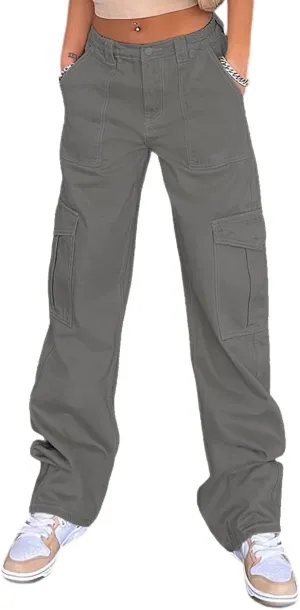 Women Vintage Cargo Pants High Waist Straight Wide Leg Baggy Jeans Y2K Denim Trousers Multi Pockets