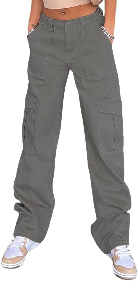 Women Vintage Cargo Pants High Waist Straight Wide Leg Baggy Jeans Y2K Denim Trousers Multi Pockets