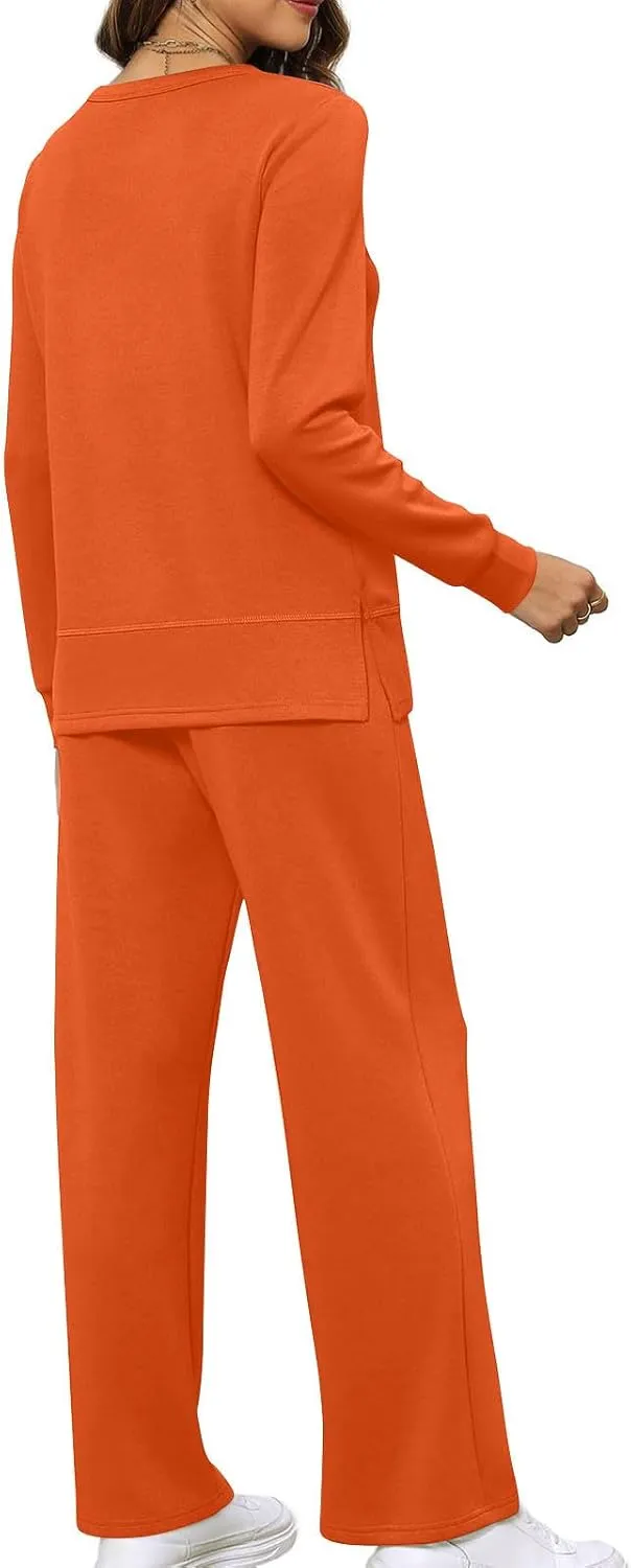 Women's 2 Piece Lounge Sets Casual Travel Outfits Long Sleeve Side Split Top Wide Leg Pants Tracksuit Cozy Sweatsuits