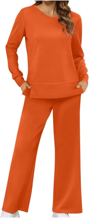 Women's 2 Piece Lounge Sets Casual Travel Outfits Long Sleeve Side Split Top Wide Leg Pants Tracksuit Cozy Sweatsuits