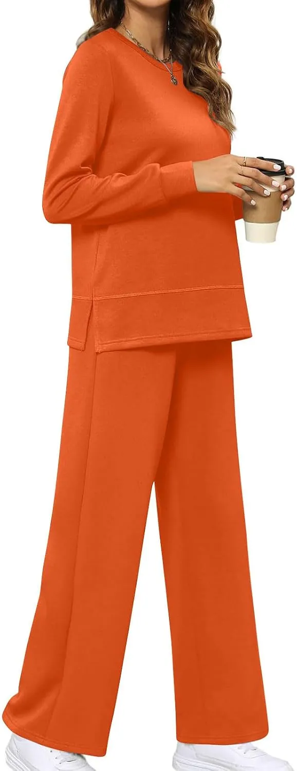 Women's 2 Piece Lounge Sets Casual Travel Outfits Long Sleeve Side Split Top Wide Leg Pants Tracksuit Cozy Sweatsuits
