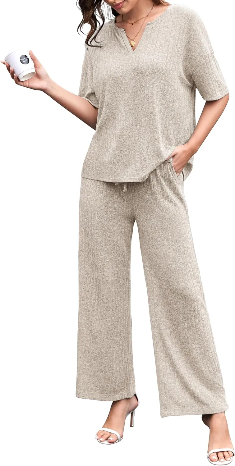 Women's 2 Piece Outfits 2025 Pullover Tops and Wide Leg Pants Lounge Sets Sweatsuits Set with Pockets