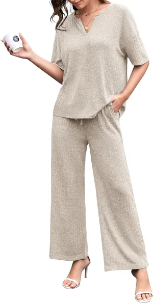 Women's 2 Piece Outfits 2025 Pullover Tops and Wide Leg Pants Lounge Sets Sweatsuits Set with Pockets