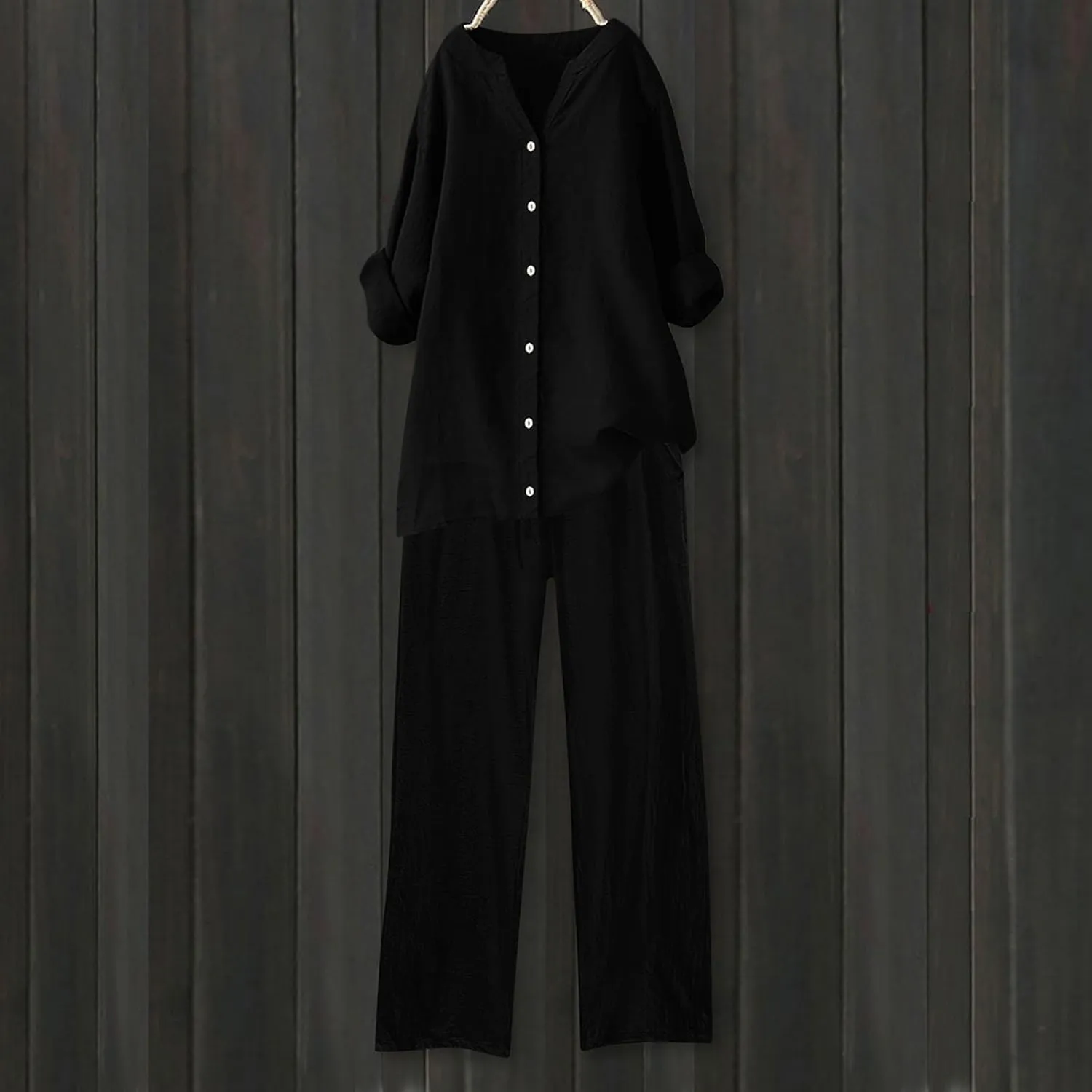 Women's 2 Piece Outfits Cotton Linen Lounge Sets Casual Short Sleeve Button Down Sleepwear Pajamas Set Spring Outfit