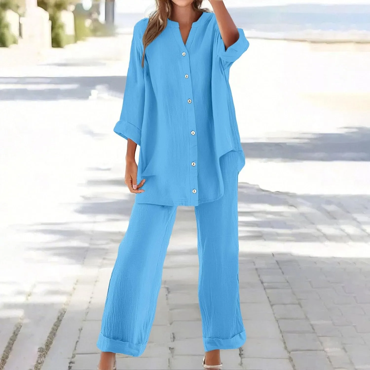 Women's 2 Piece Outfits Cotton Linen Lounge Sets Casual Short Sleeve Button Down Sleepwear Pajamas Set Spring Outfit
