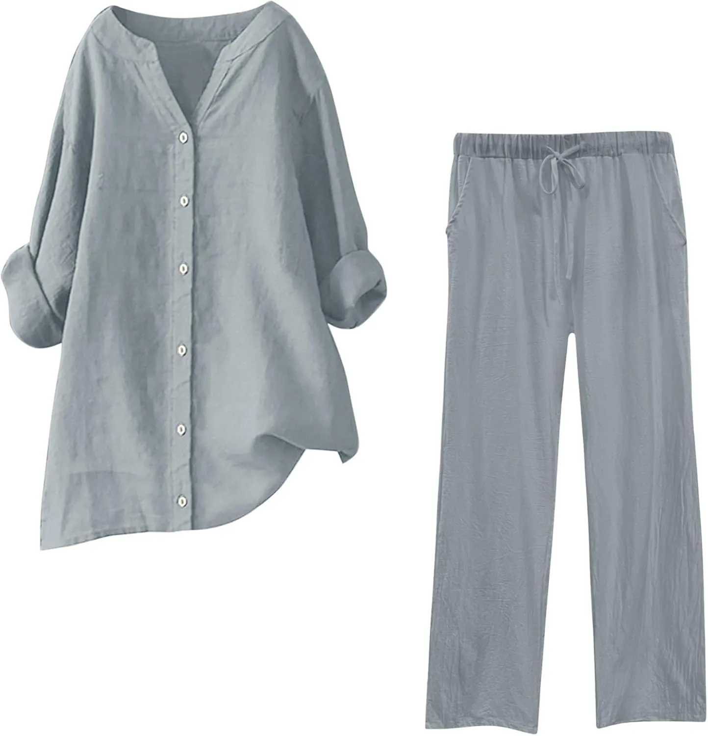 Women's 2 Piece Outfits Cotton Linen Lounge Sets Casual Short Sleeve Button Down Sleepwear Pajamas Set Spring Outfit
