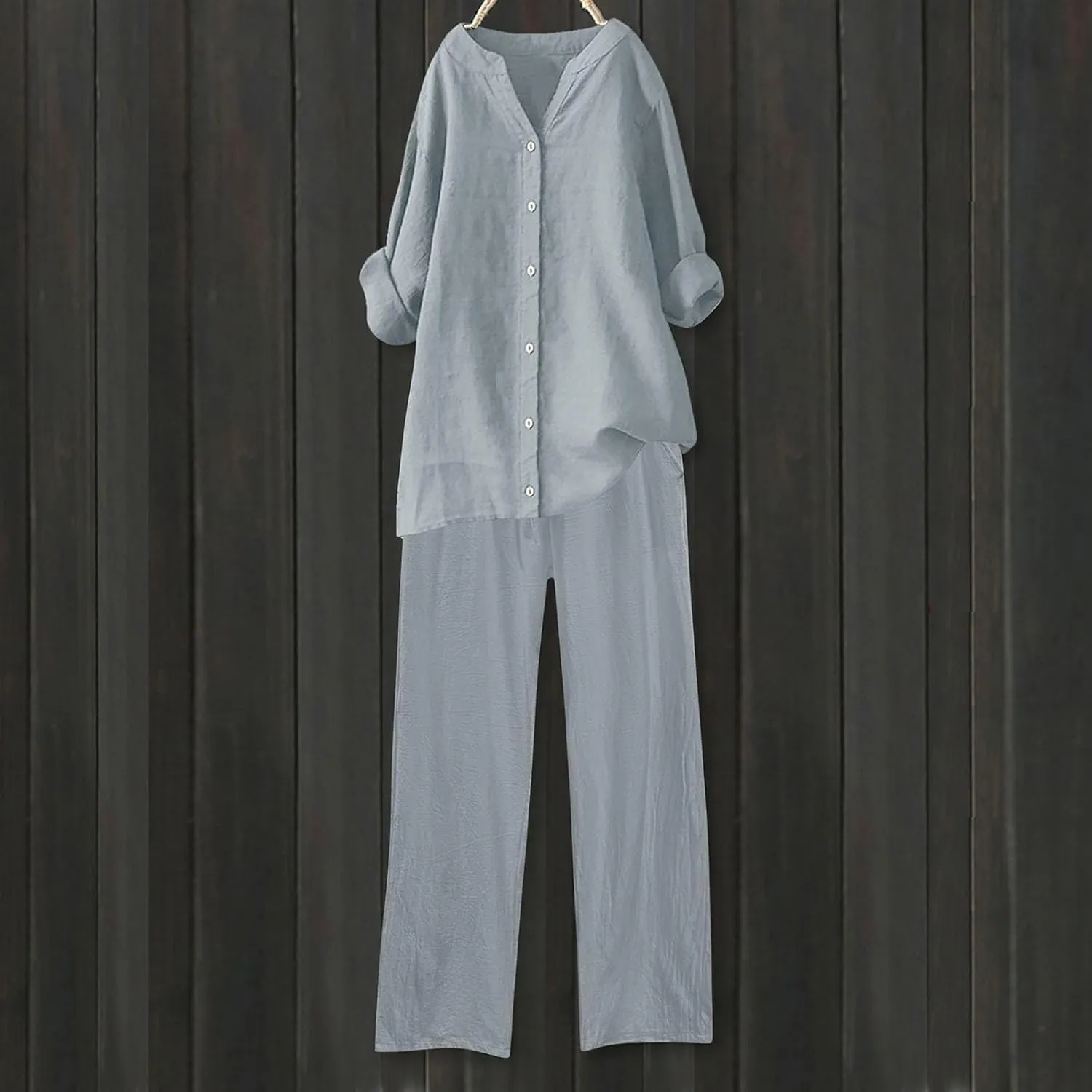Women's 2 Piece Outfits Cotton Linen Lounge Sets Casual Short Sleeve Button Down Sleepwear Pajamas Set Spring Outfit