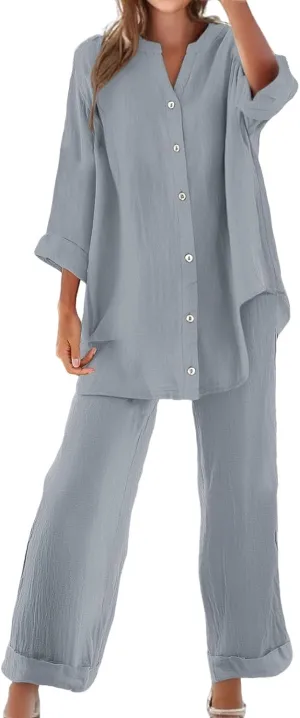 Women's 2 Piece Outfits Cotton Linen Lounge Sets Casual Short Sleeve Button Down Sleepwear Pajamas Set Spring Outfit