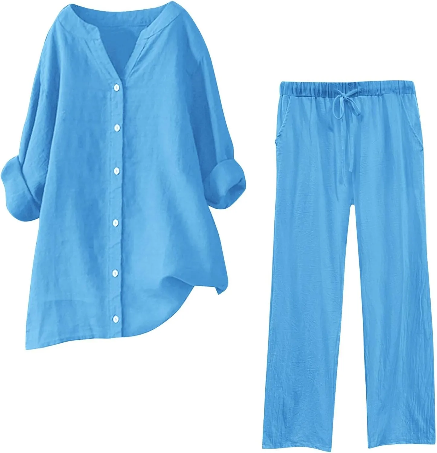 Women's 2 Piece Outfits Cotton Linen Lounge Sets Casual Short Sleeve Button Down Sleepwear Pajamas Set Spring Outfit
