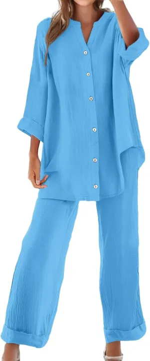 Women's 2 Piece Outfits Cotton Linen Lounge Sets Casual Short Sleeve Button Down Sleepwear Pajamas Set Spring Outfit