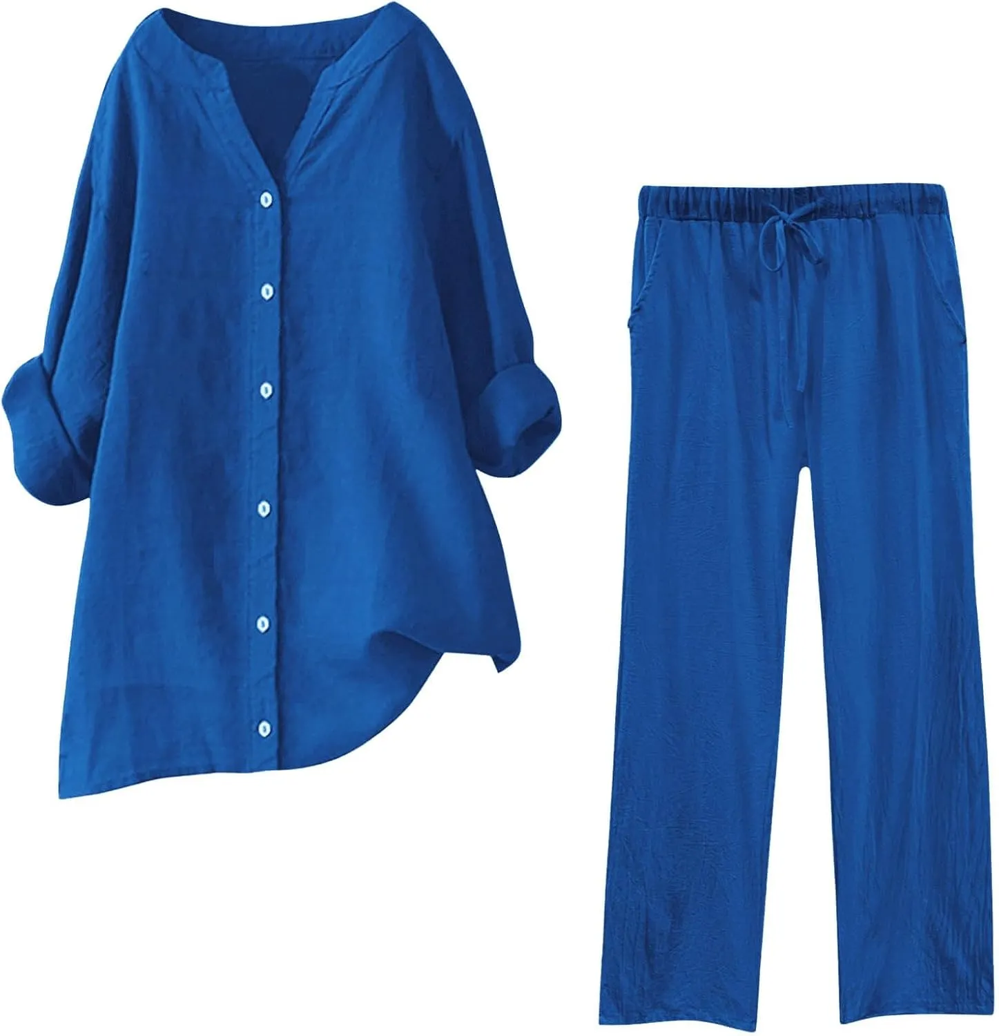 Women's 2 Piece Outfits Cotton Linen Lounge Sets Casual Short Sleeve Button Down Sleepwear Pajamas Set Spring Outfit