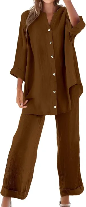 Women's 2 Piece Outfits Cotton Linen Lounge Sets Casual Short Sleeve Button Down Sleepwear Pajamas Set Spring Outfit