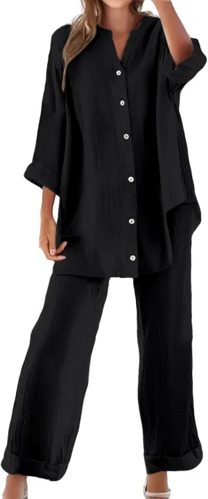 Women's 2 Piece Outfits Cotton Linen Lounge Sets Casual Short Sleeve Button Down Sleepwear Pajamas Set Spring Outfit