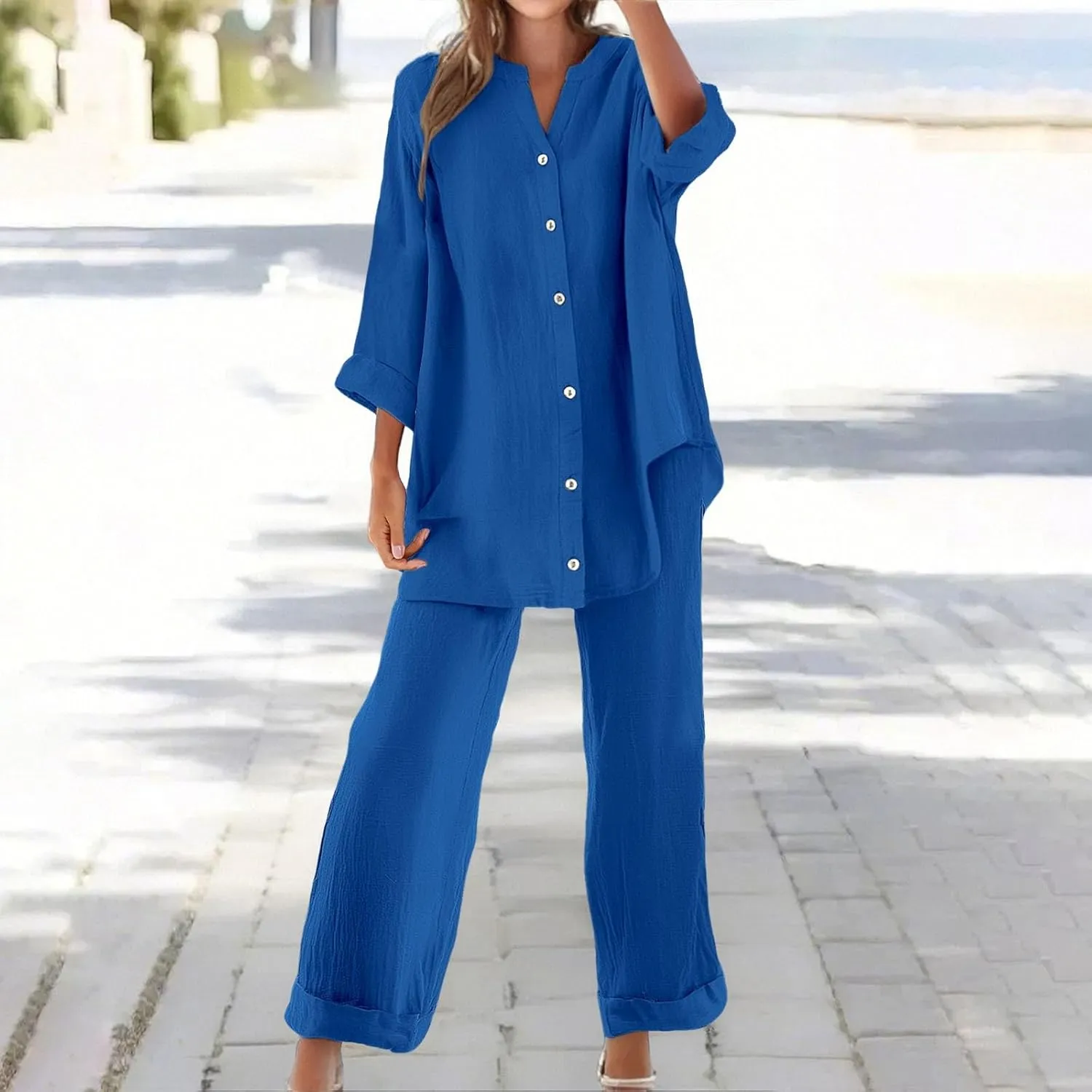 Women's 2 Piece Outfits Cotton Linen Lounge Sets Casual Short Sleeve Button Down Sleepwear Pajamas Set Spring Outfit