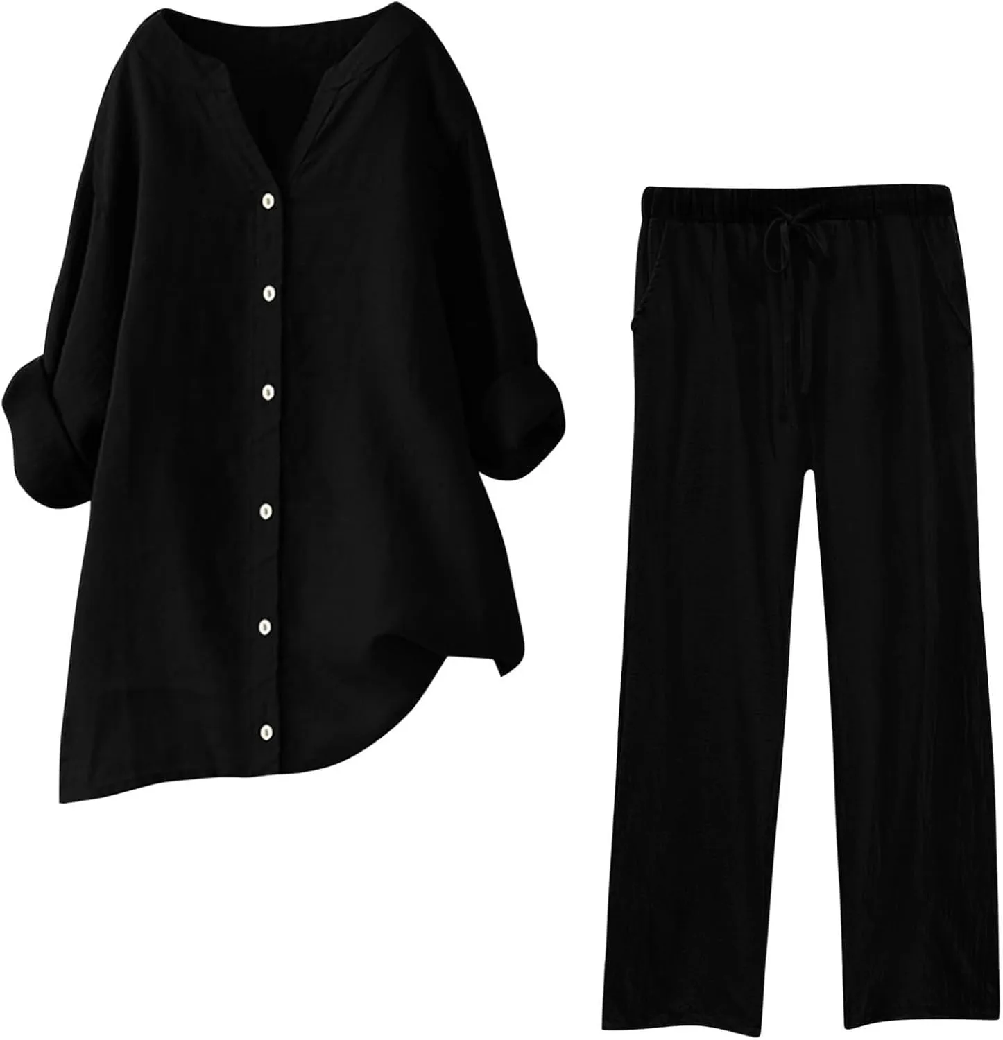 Women's 2 Piece Outfits Cotton Linen Lounge Sets Casual Short Sleeve Button Down Sleepwear Pajamas Set Spring Outfit