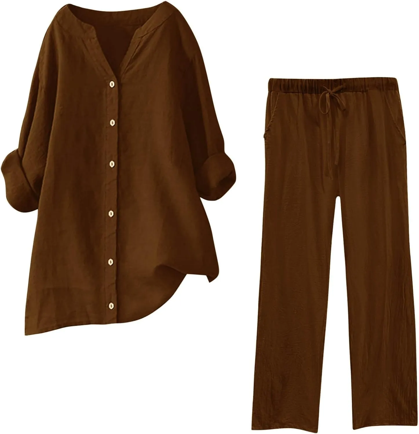 Women's 2 Piece Outfits Cotton Linen Lounge Sets Casual Short Sleeve Button Down Sleepwear Pajamas Set Spring Outfit