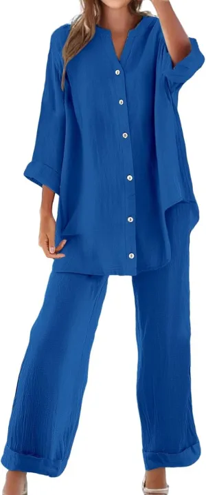 Women's 2 Piece Outfits Cotton Linen Lounge Sets Casual Short Sleeve Button Down Sleepwear Pajamas Set Spring Outfit