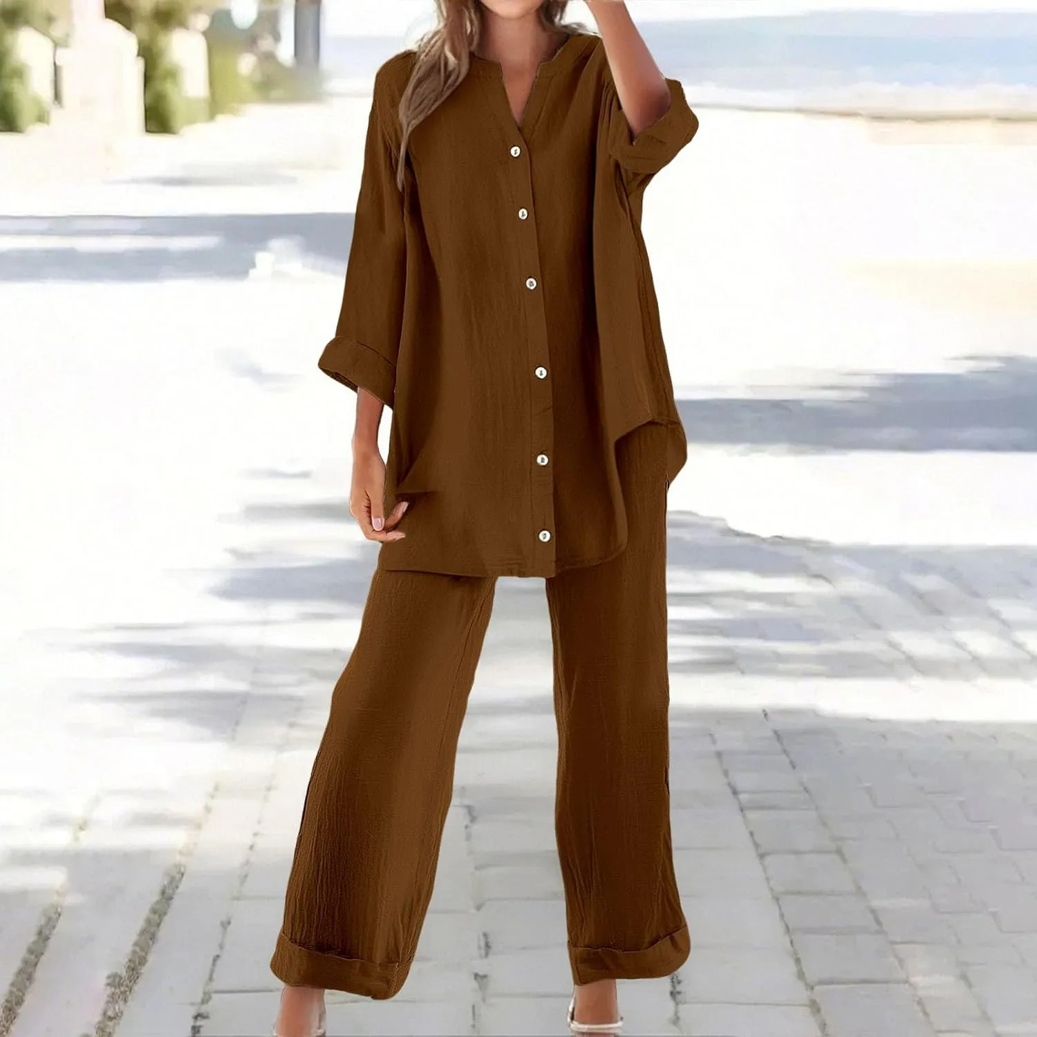 Women's 2 Piece Outfits Cotton Linen Lounge Sets Casual Short Sleeve Button Down Sleepwear Pajamas Set Spring Outfit