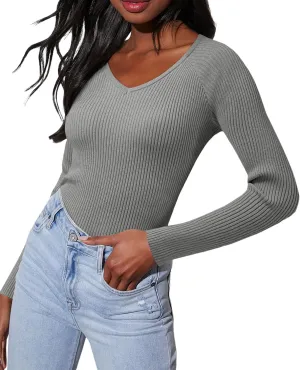 Women's 2024 V Neck Sweaters Fashion Fitted Long Sleeve Ribbed Knitted Pullover Trendy Business Work Tops