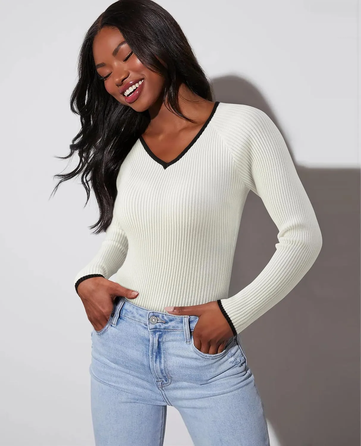 Women's 2024 V Neck Sweaters Fashion Fitted Long Sleeve Ribbed Knitted Pullover Trendy Business Work Tops
