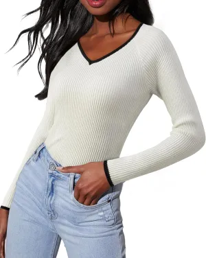 Women's 2024 V Neck Sweaters Fashion Fitted Long Sleeve Ribbed Knitted Pullover Trendy Business Work Tops
