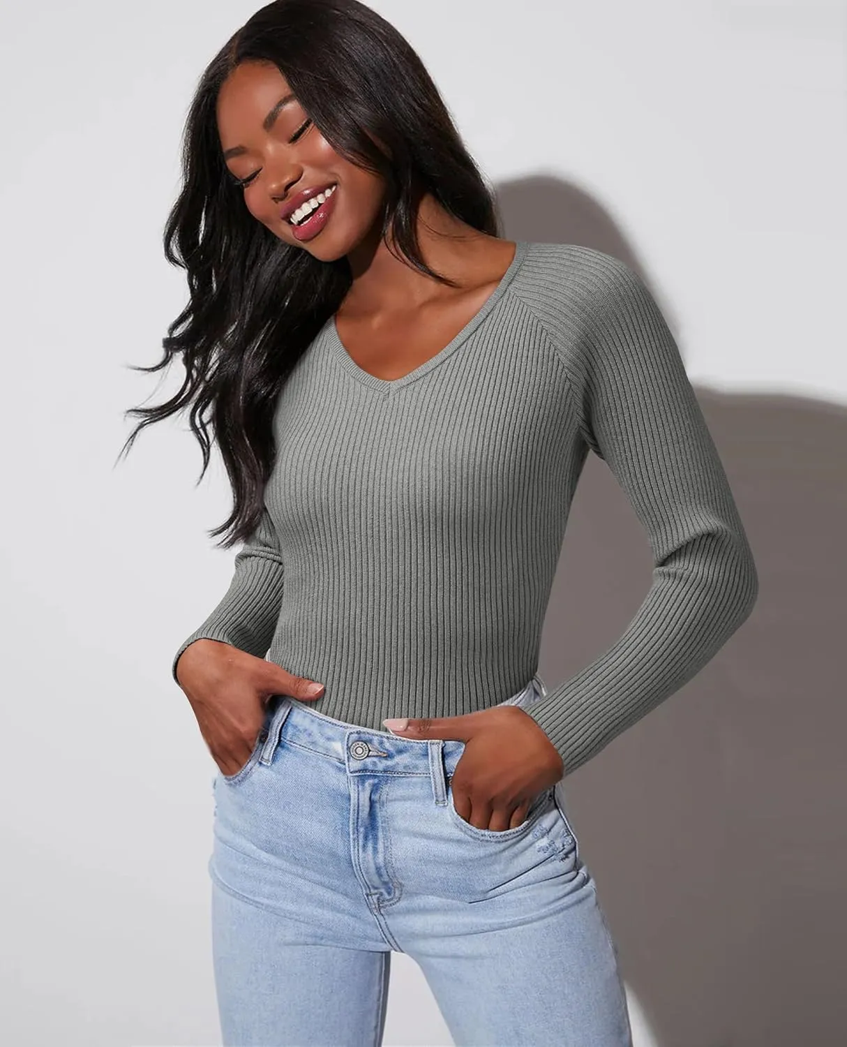 Women's 2024 V Neck Sweaters Fashion Fitted Long Sleeve Ribbed Knitted Pullover Trendy Business Work Tops
