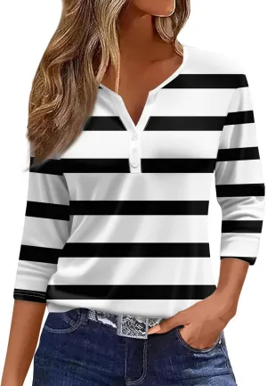 Womens 3/4 Sleeve Tops,Women's T-Shirts Dressy Button Down Tunic Tops Striped Blouses Henley V Neck Summer Cute Tees