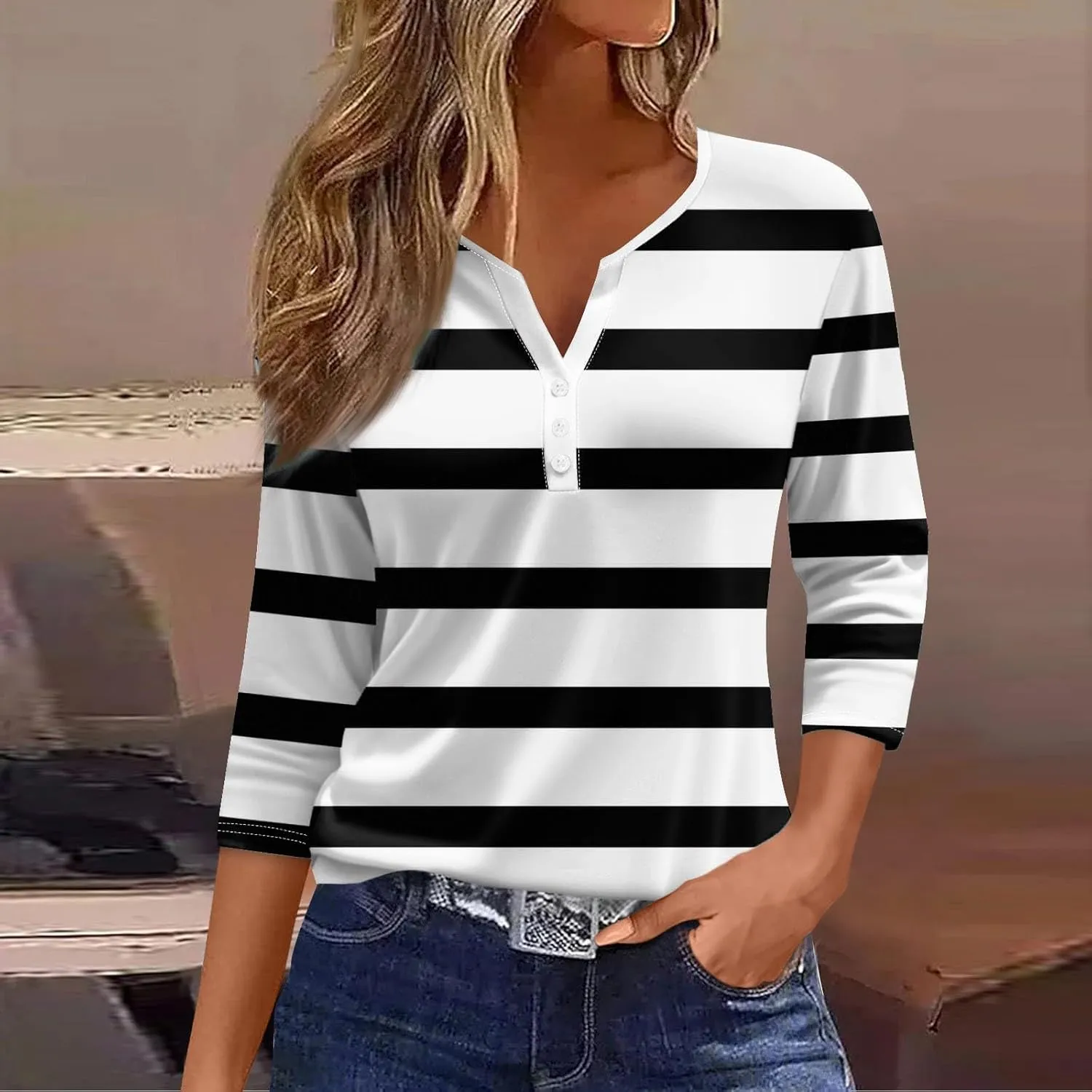 Womens 3/4 Sleeve Tops,Women's T-Shirts Dressy Button Down Tunic Tops Striped Blouses Henley V Neck Summer Cute Tees