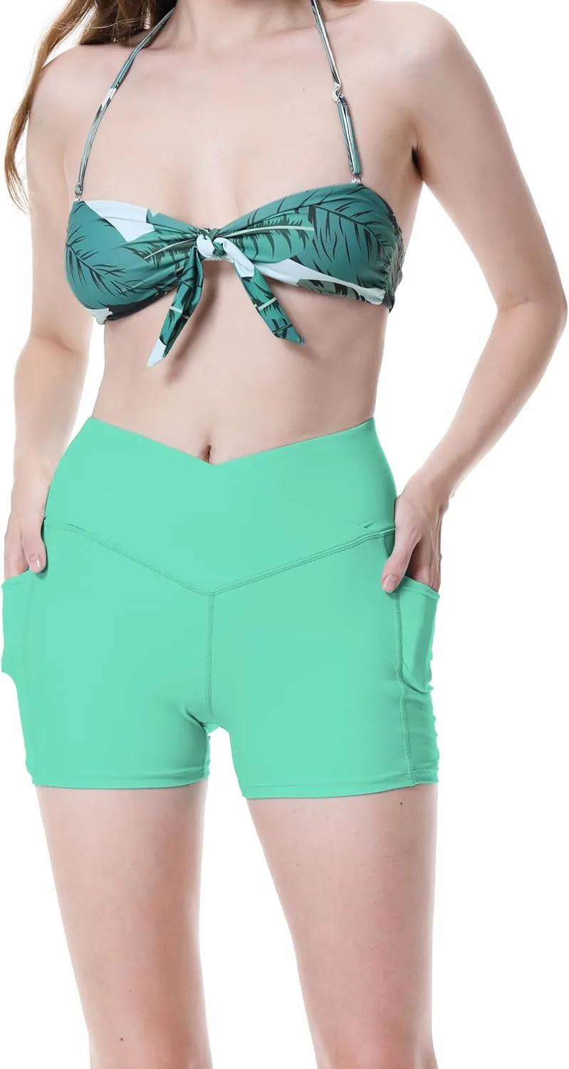 Womens 3/5" Swim Shorts High Waisted Board Shorts Bathing Suit Bottoms