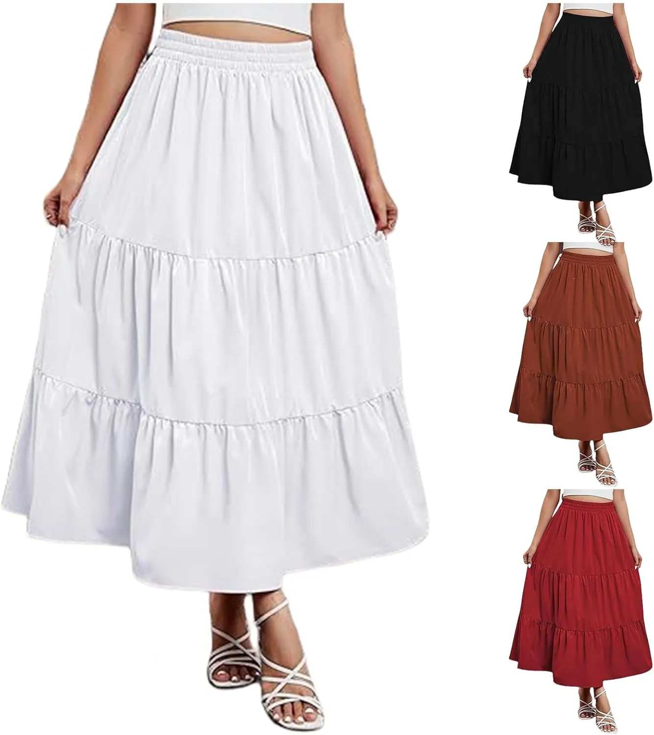 Womens Boho Bohemian Flowy Midi Long Short Summer Skirts High Waist A Line Ruffle Swing Maxi Skirts Long Beach Dress