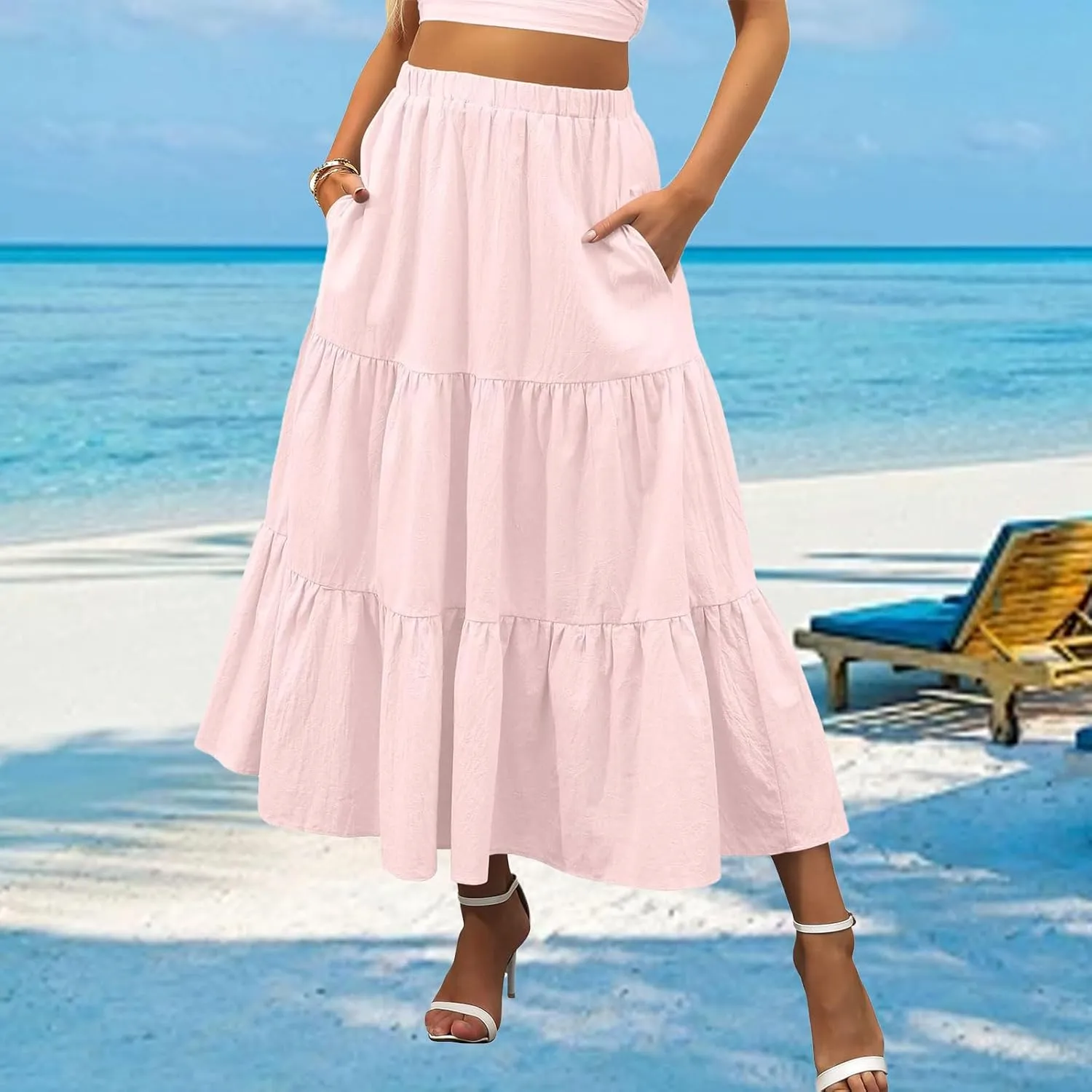 Womens Boho Bohemian Flowy Midi Long Summer Skirts Plus Size Elastic Waist Maxi Skirt Pleated Long Beach Dress