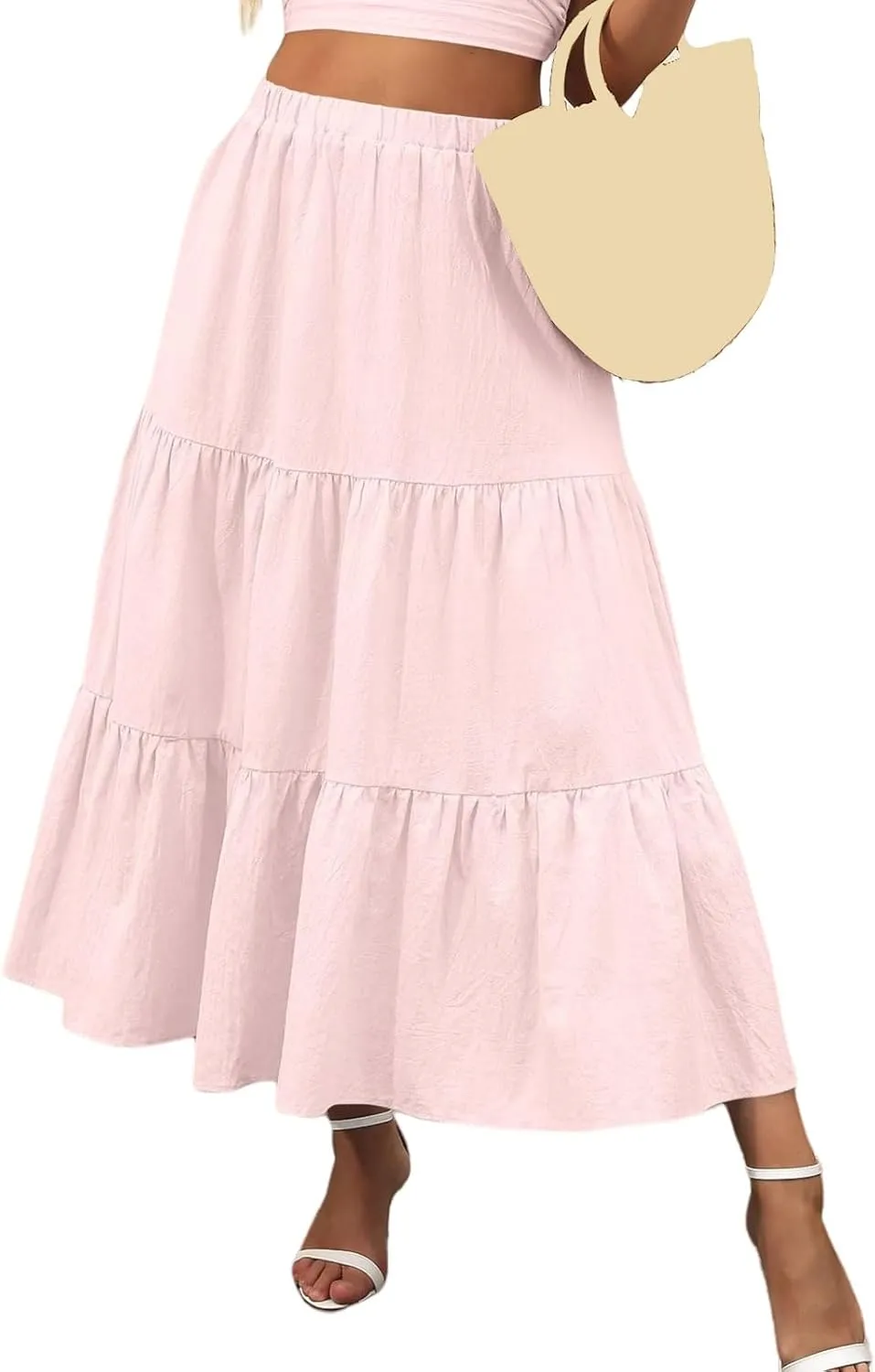 Womens Boho Bohemian Flowy Midi Long Summer Skirts Plus Size Elastic Waist Maxi Skirt Pleated Long Beach Dress