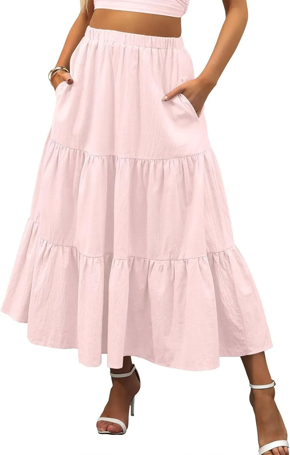 Womens Boho Bohemian Flowy Midi Long Summer Skirts Plus Size Elastic Waist Maxi Skirt Pleated Long Beach Dress