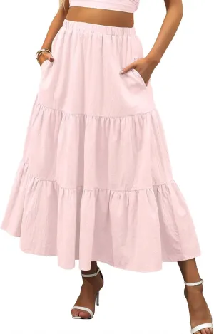 Womens Boho Bohemian Flowy Midi Long Summer Skirts Plus Size Elastic Waist Maxi Skirt Pleated Long Beach Dress