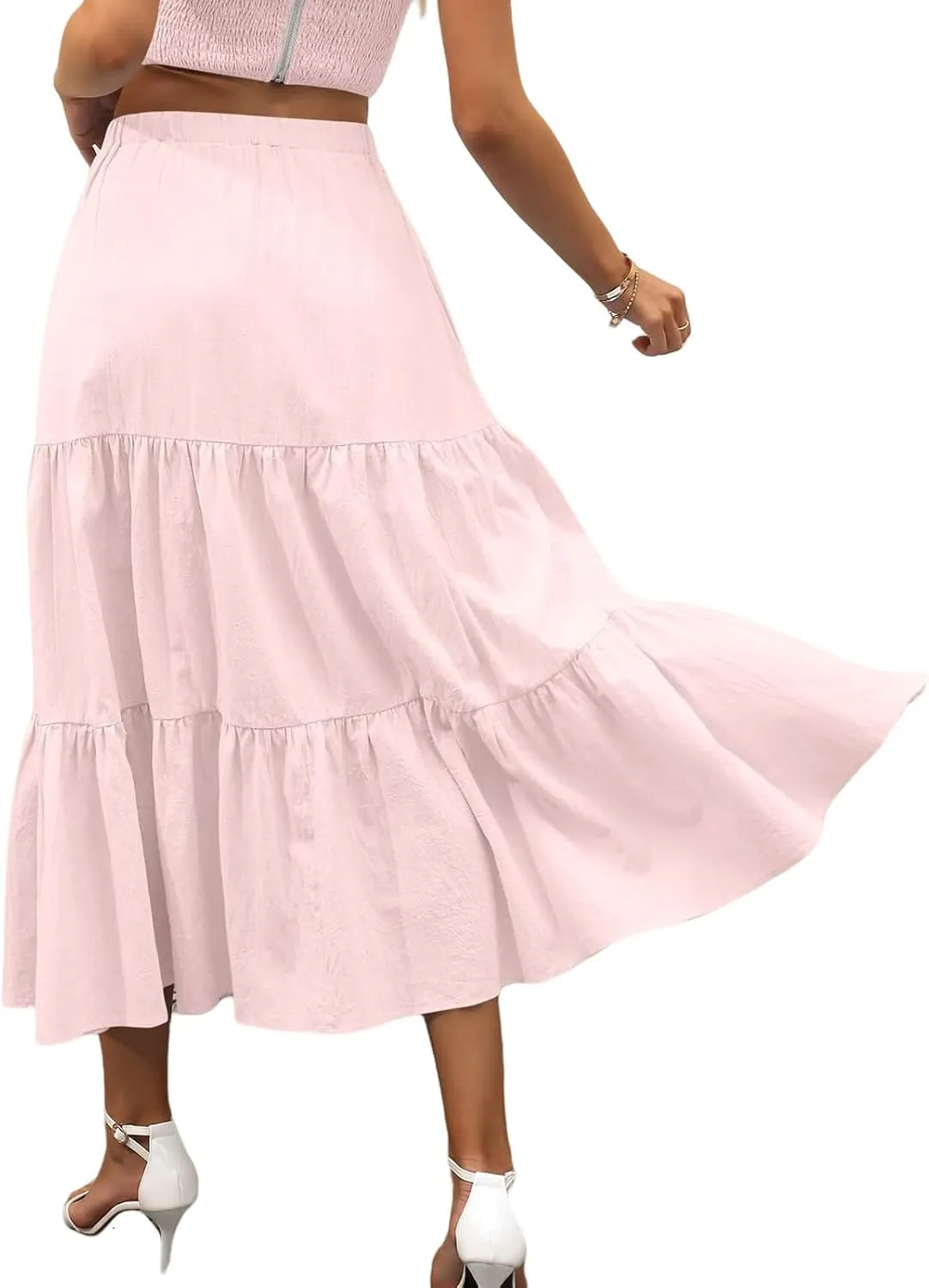 Womens Boho Bohemian Flowy Midi Long Summer Skirts Plus Size Elastic Waist Maxi Skirt Pleated Long Beach Dress