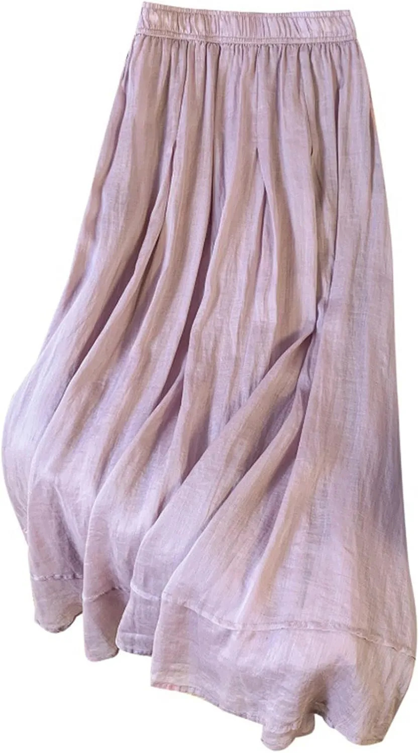 Women's Boho Cotton Linen Long Flowy Skirt High Waist A Line Double Layer Casual Elegant Flowy Swing Maxi Skirts