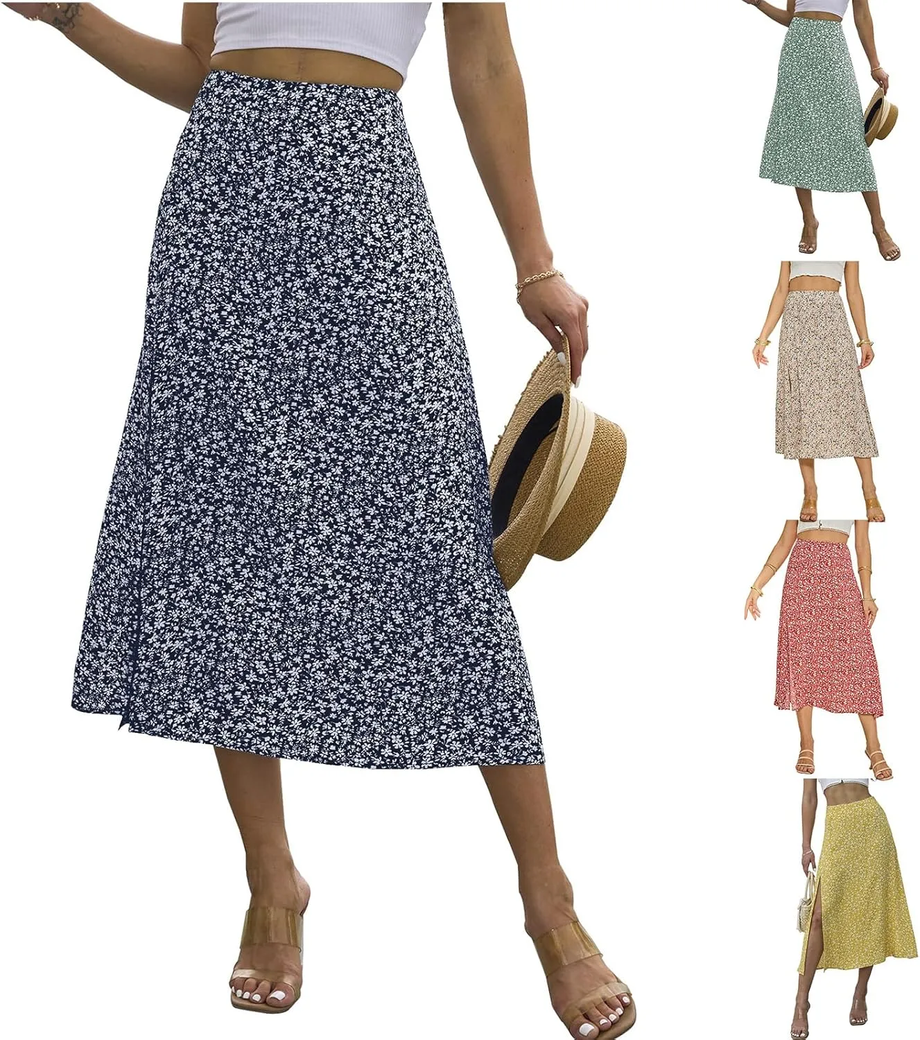 Womens Boho Leopard Print Skirts Pleated A Line Summer High Waisted Flowy Slit Midi Skirts Boho Floral Beach Skirt
