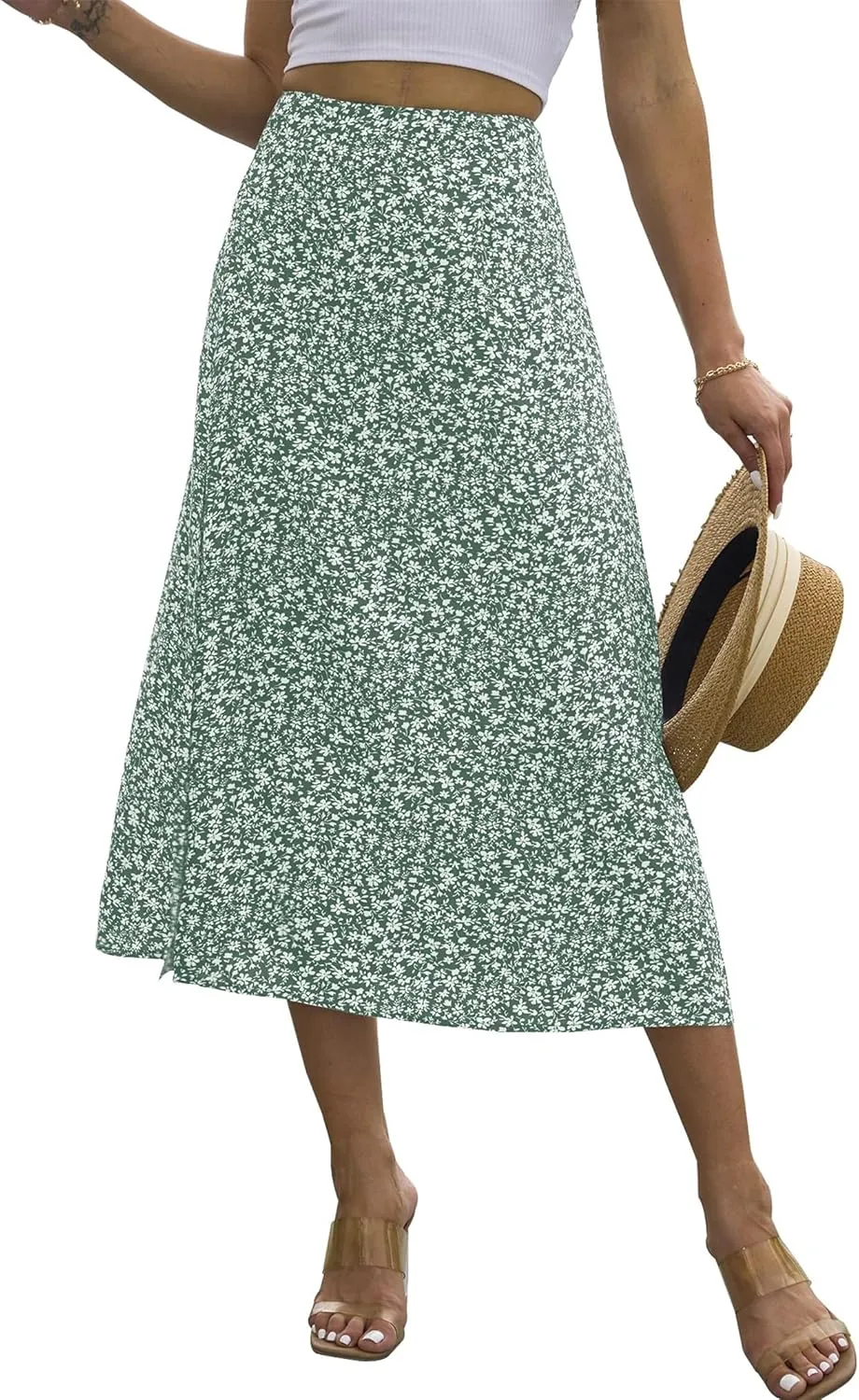 Womens Boho Leopard Print Skirts Pleated A Line Summer High Waisted Flowy Slit Midi Skirts Boho Floral Beach Skirt