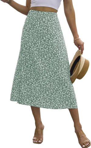 Womens Boho Leopard Print Skirts Pleated A Line Summer High Waisted Flowy Slit Midi Skirts Boho Floral Beach Skirt
