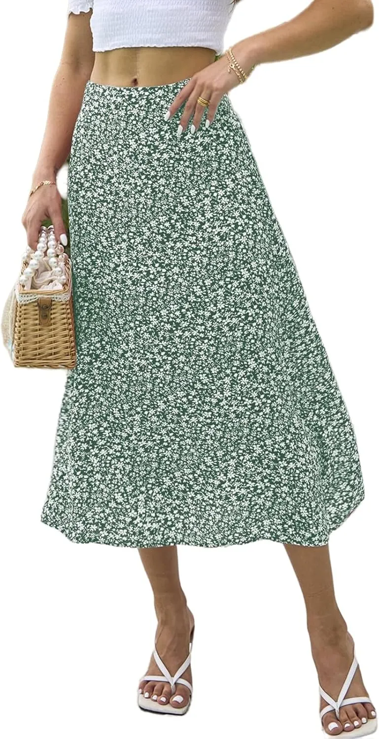 Womens Boho Leopard Print Skirts Pleated A Line Summer High Waisted Flowy Slit Midi Skirts Boho Floral Beach Skirt