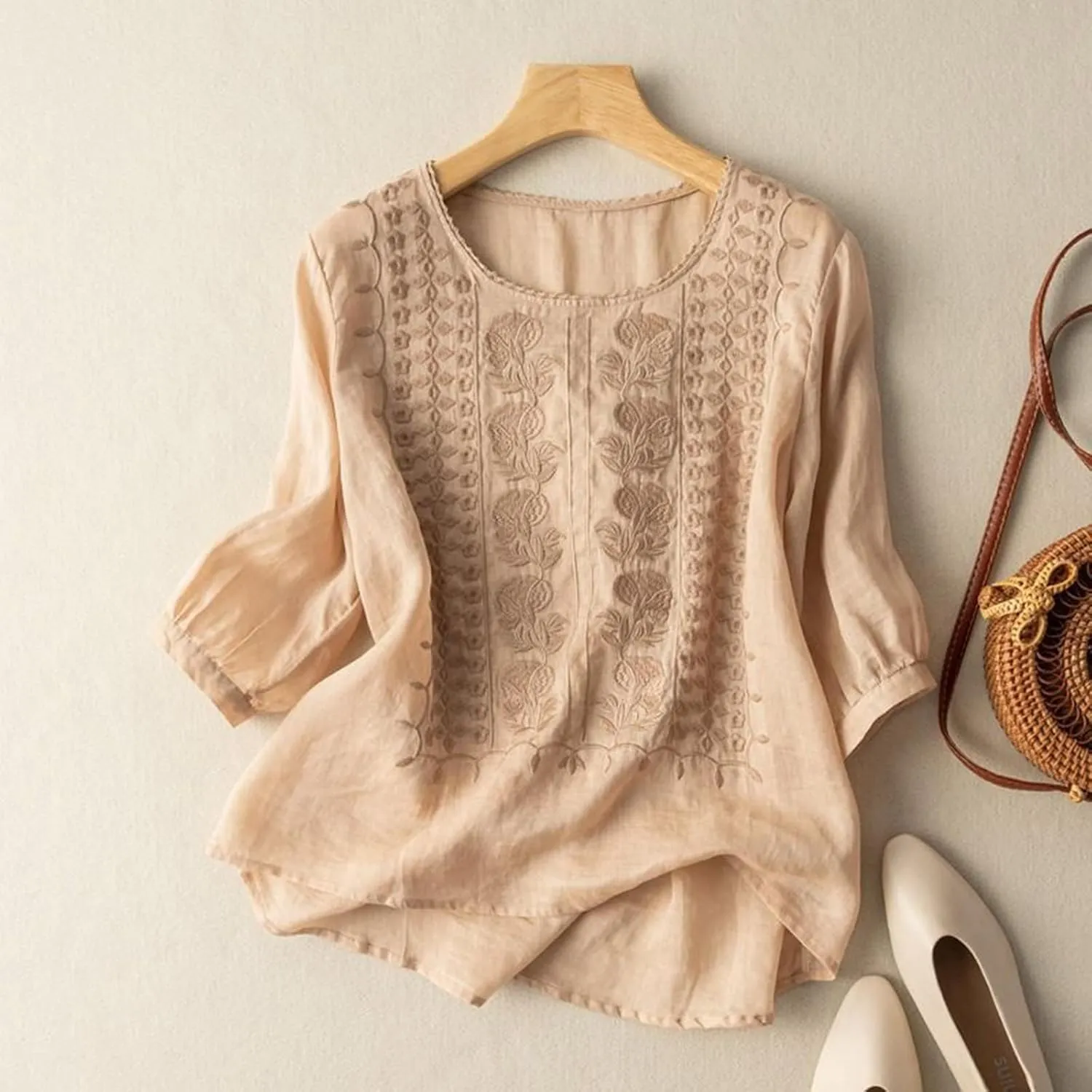Women's Boho Loose Embroidered Linen Cotton T Shirt Vintage Retro Style Summer Lightweight Workout Shirts Loose