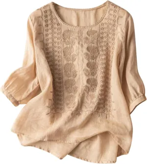 Women's Boho Loose Embroidered Linen Cotton T Shirt Vintage Retro Style Summer Lightweight Workout Shirts Loose